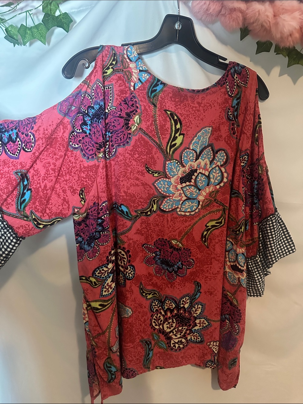 Democracy Red Floral Cold-Shoulder V-Neck Blouse with Gingham Trim - Picture 9 of 9